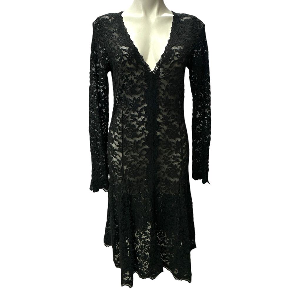 Rosemunde Copenhagen Black Lace Long Sleeve V-Neck Midi Dress Women's L